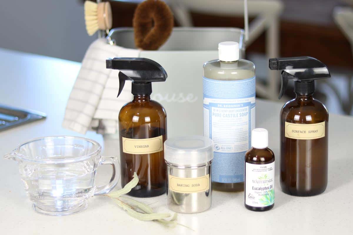 Image of the group of individual ingredients that are used to make natural eucalyptus cleaning spray