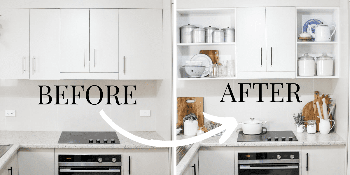 Graphic with two images of the kitchen cabinets, one with the doors removed and the shelves filled with kitchen utensils