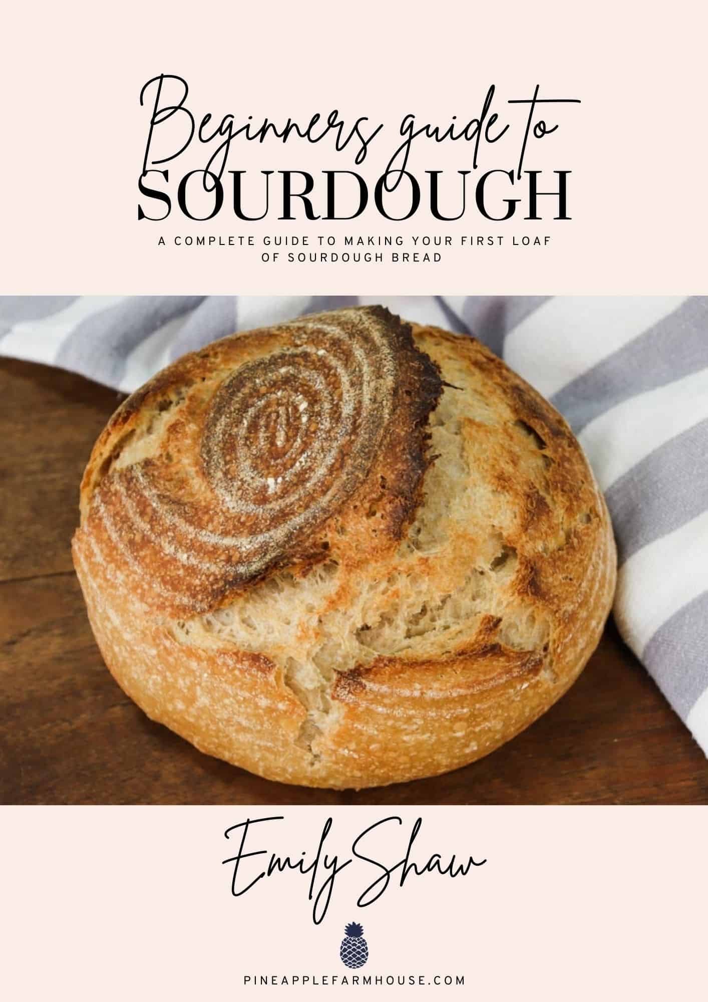 Cover page of free ebook titled Sourdough for Beginners with a picture of a loaf of sourdough bread