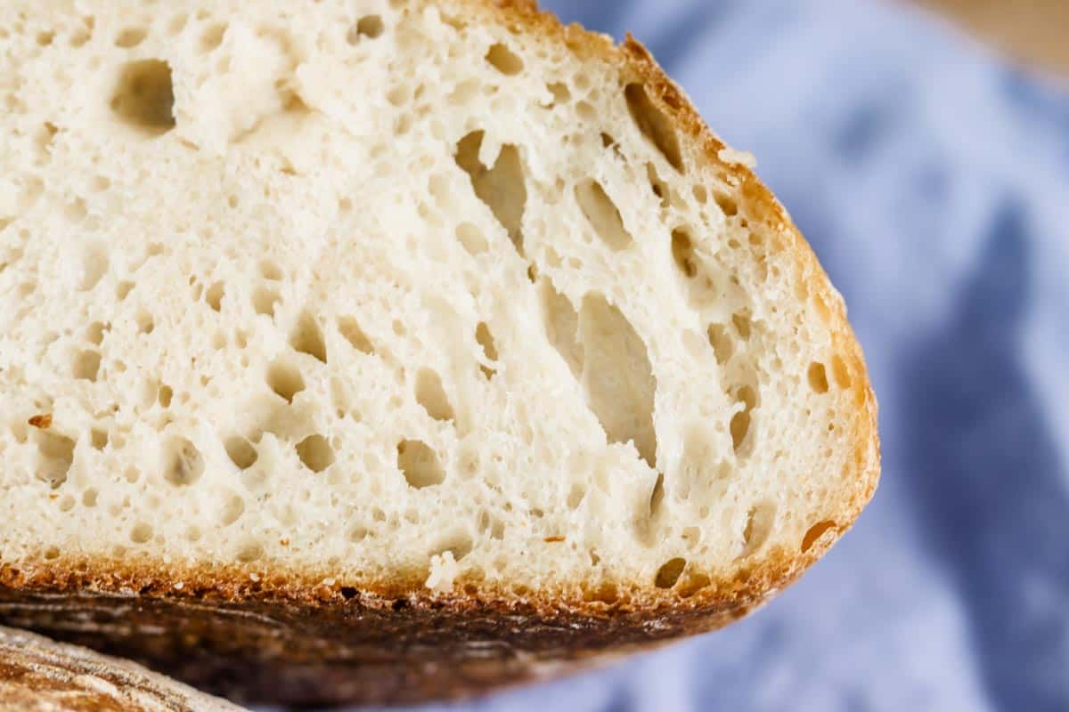 A close up image of a cross section of sourdough bread showing large air bubbles in the crumb