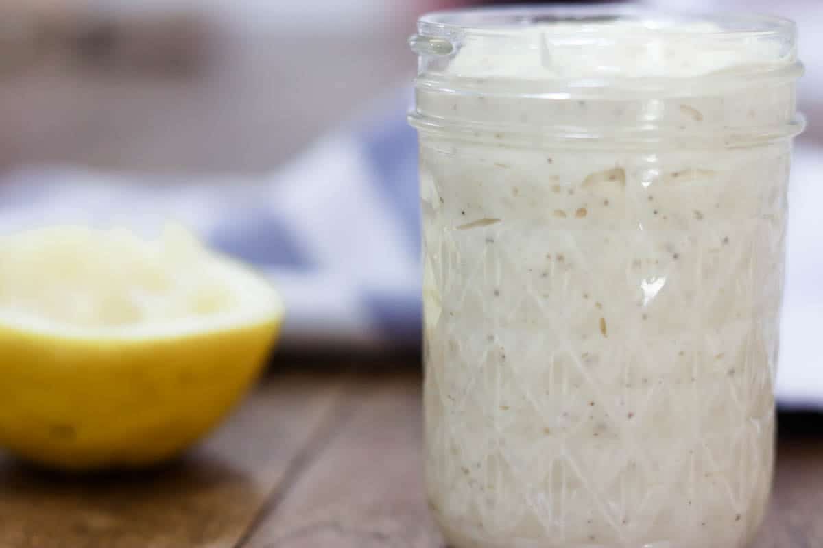 A jar full of homemade mayonnaise