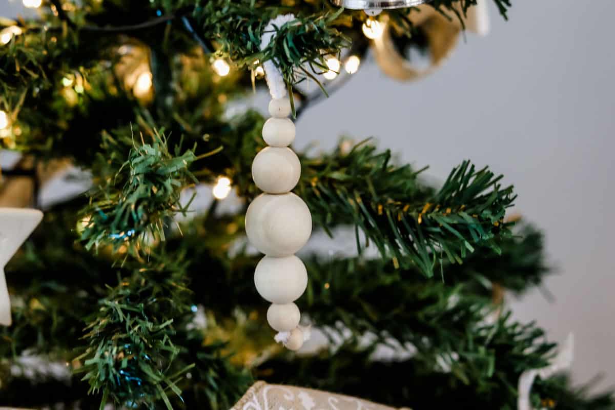 A handmade wooden bead Christmas ornament