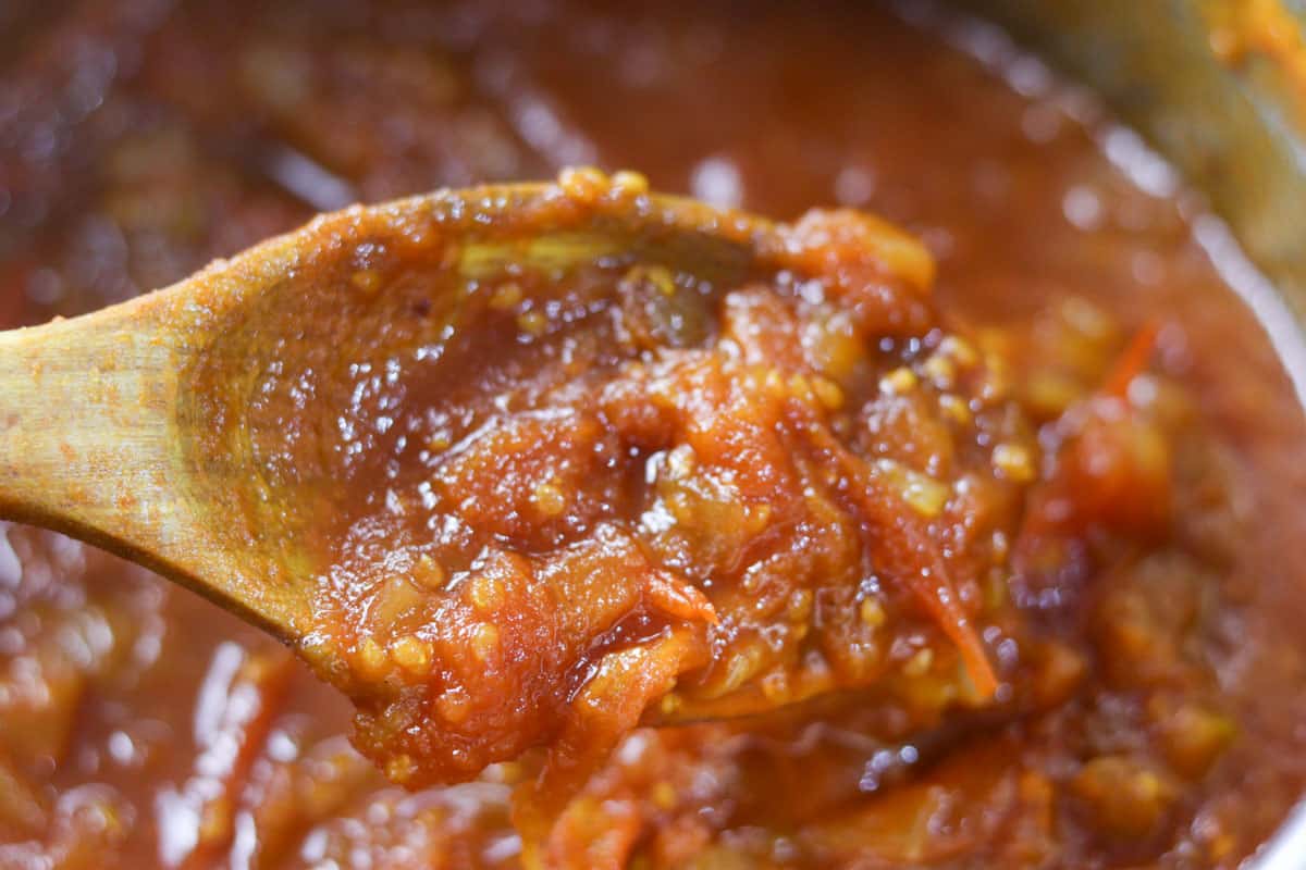 tomato relish on a wooden spoon