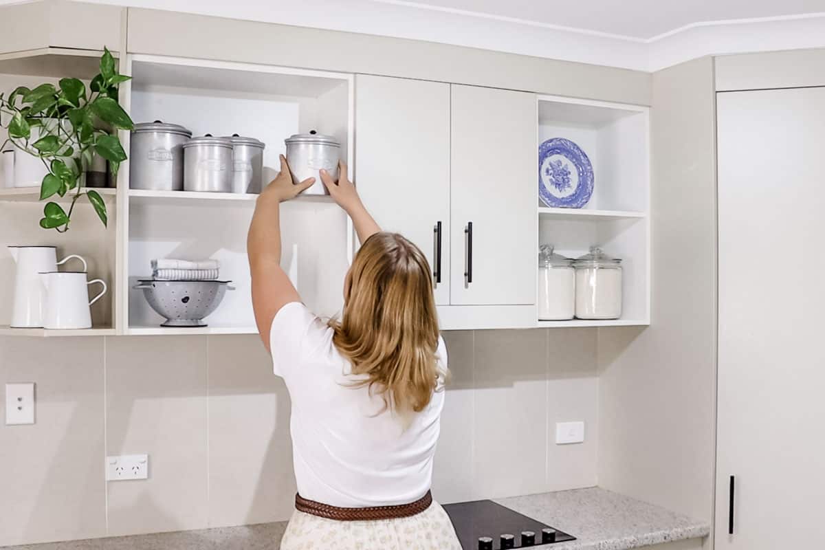 Styling open shelves with kitchen decor