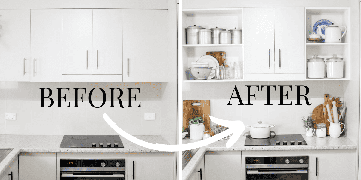 Image showing the kitchen cabinets before the doors are removed to create open shelving