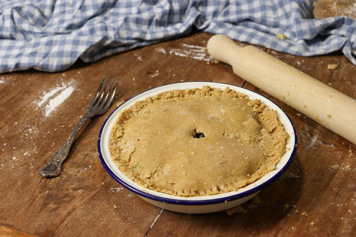 The pastry top is added to the pie