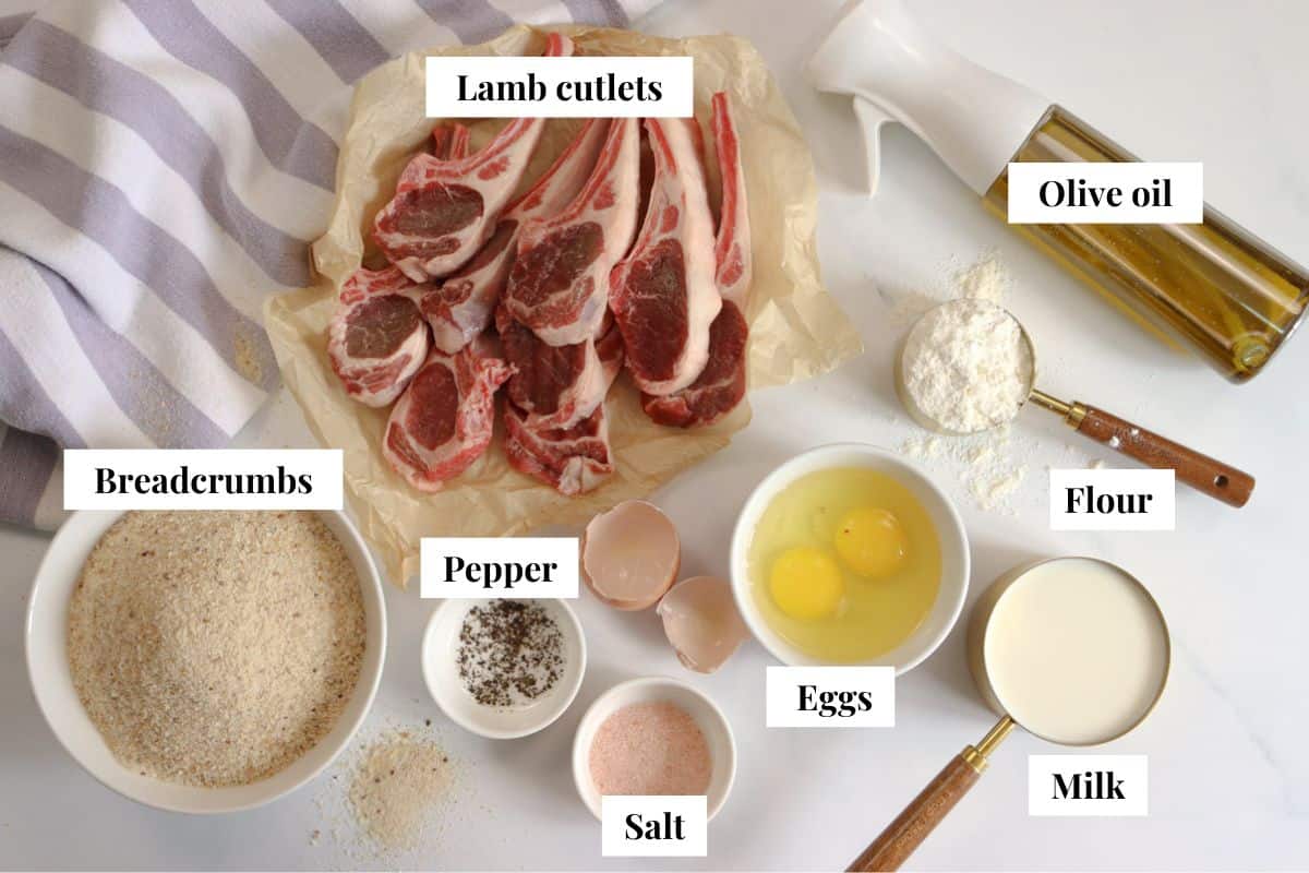 A graphic with ingredients for crumbed lamb cutlets including eggs, milk, breadcrumbs, extra virgin olive oil, lamb cutlets, salt and pepper