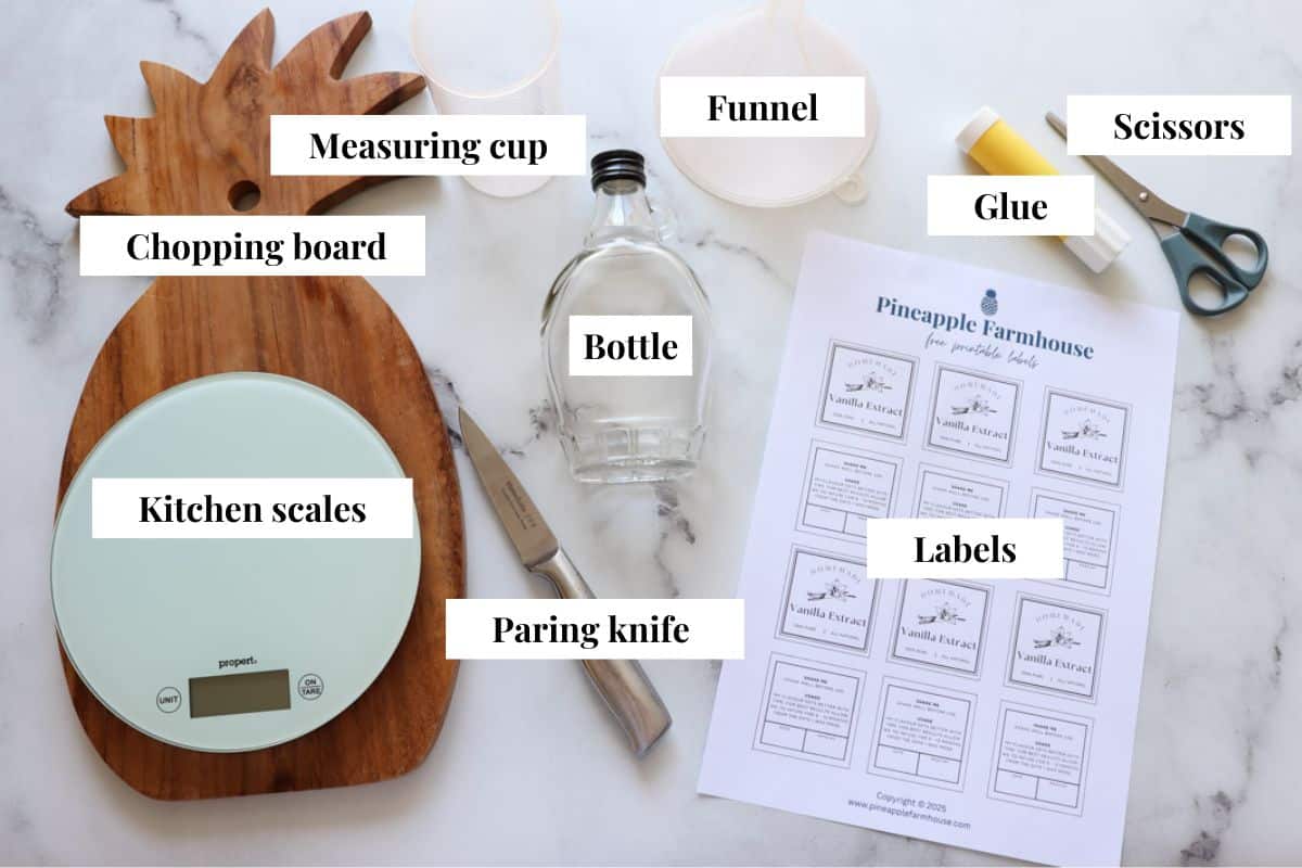 A graphic with and images and text labels for the recipe ingredients including vodka and vanilla beans
