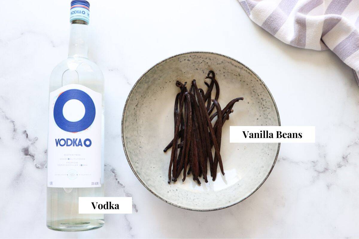 A graphic with and images and text labels for the recipe ingredients including vodka and vanilla beans