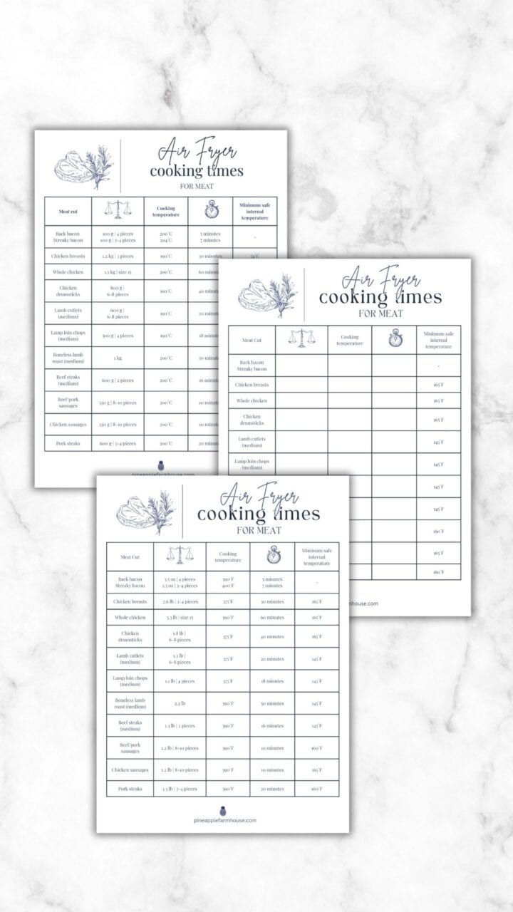 A graphic with a marble background and images of the air fryer cooking charts