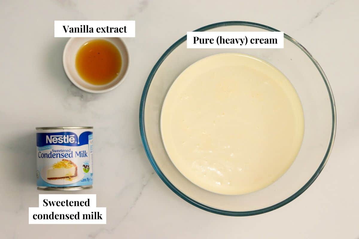 A graphic with images of ingredients and text labels for homemade ice cream with sweetened condensed milk including vanilla extract, condensed milk and pure (heavy) cream