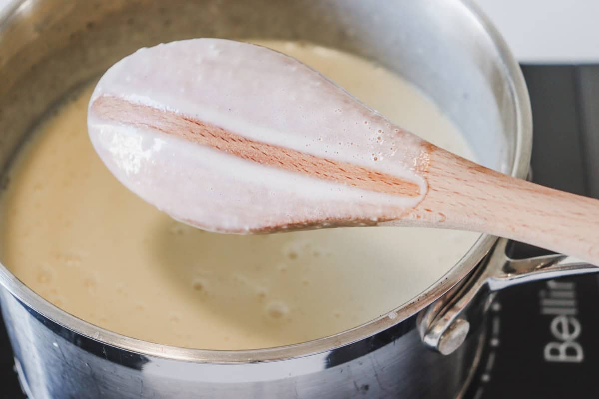 Custard has thickened and can be tested by coating the back of a wooden spoon and staying separated when a finger is drawn across the spoon