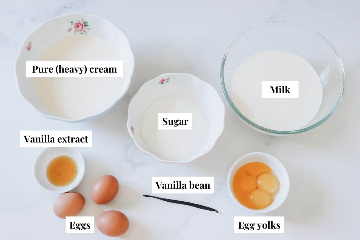 Ingredients for custard base vanilla ice cream including pure heavy cream, sugar, milk, vanilla extract, eggs, vanilla bean and egg yolks