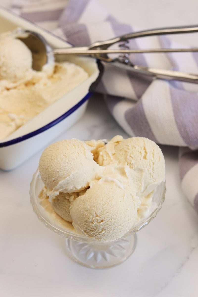The ice cream is served in a dessert bowl